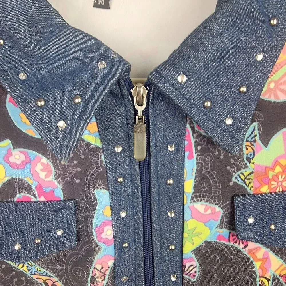 Cubism Full Zip Jacket Navy Multicolor M Rhinestone Art To Wear Vintage 90s
